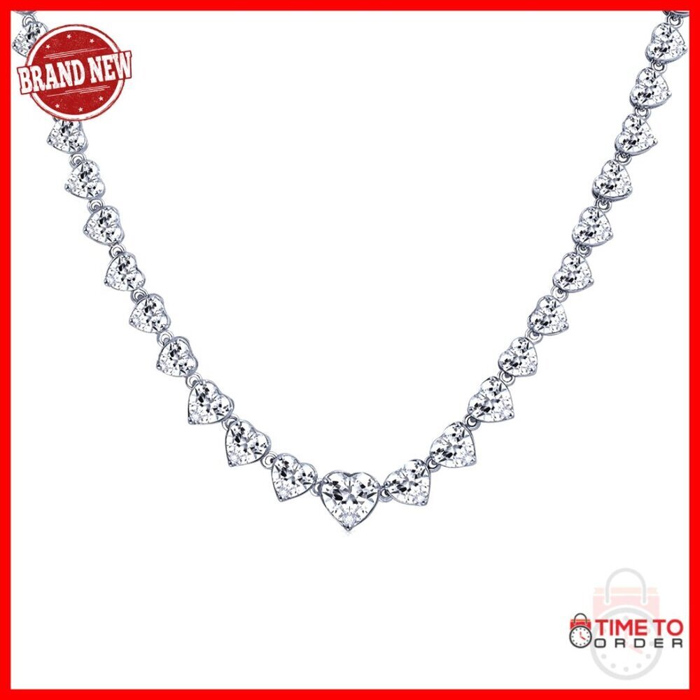Graduated Heart Teardrop CZ Tennis Necklace Set 16 Inch Silver Plated Bridal